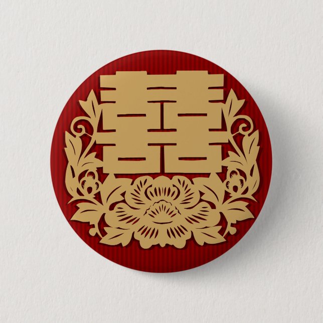 Badge Rond 5 Cm Mariage chinois avec le double bonheur et la fleur (Devant)