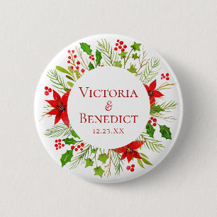 Badge Rond 5 Cm Mariage de vacances personnalisé poinsettia rouge