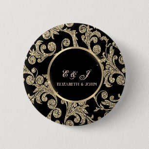 Badge Rond 5 Cm Mariage Élégants Tourbillons de Paillettes Dorées