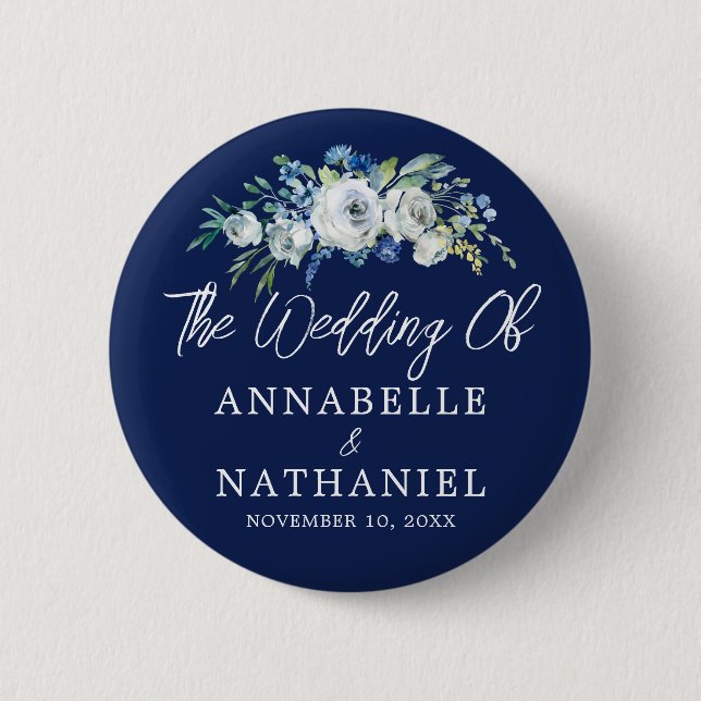Badge Rond 5 Cm Mariage floral bleu bleu marine Personnalisé (Devant)