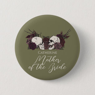 Badge Rond 5 Cm Mariage gothique vert olive Crâne et Rose