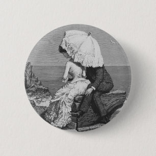 Badge Rond 5 Cm Mariage Rétro, Jeunes Mariés au Bord de la Mer