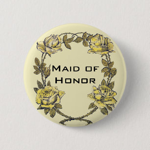 Badge Rond 5 Cm Mariage Vintage, Couronne de Roses Jaunes Antiques