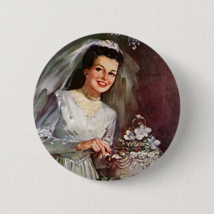 Badge Rond 5 Cm Mariage Vintage, Mariée coupant le gâteau de maria
