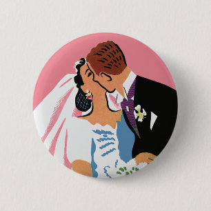 Badge Rond 5 Cm Mariage Vintage, Mariés Rétro s'Embrassant