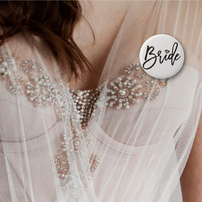Badge Rond 5 Cm Mariée Brossé Script Mariage de diamant fête nupti ('Bride' Diamond, Brush Script Calligraphy Wedding Rehearsal Pin Button @ fatfatin_blue_knot)