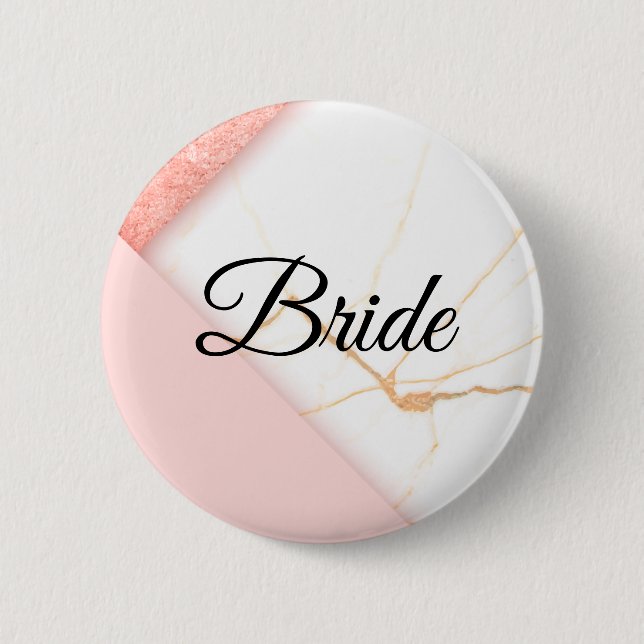 Badge Rond 5 Cm Mariée Moderne Rose et Marbre Doré (Devant)
