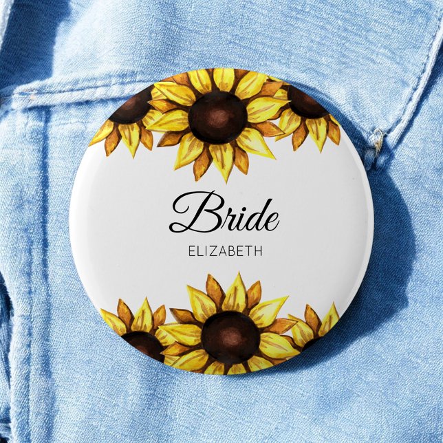 Badge Rond 5 Cm Mariée Tournesol Blanc Jaune Mariage (Créateur téléchargé)