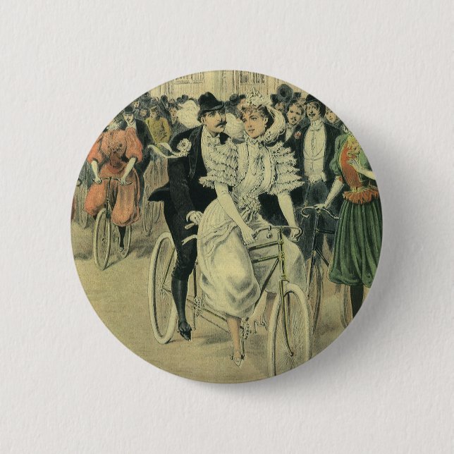 Badge Rond 5 Cm Mariés de mariage victorien sur bicyclette (Devant)