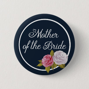 Badge Rond 5 Cm Marine Bleu Blanc Vintage Floral Mère de mariée