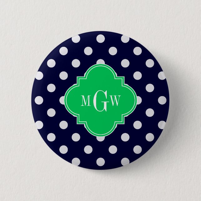 Badge Rond 5 Cm Marine White Polka Dot Emerald Quatrefoil 3 Monogr (Devant)