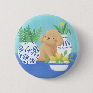 Badge Rond 5 Cm Marionnette mignonne avec Plantes, citrons et fleu