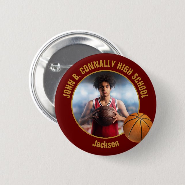 Badge Rond 5 Cm Maroon Gold Basketball Player Photo High School (Devant & derrière)