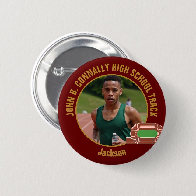 Badge Rond 5 Cm Maroon Gold Track Team Photo Runner (Devant & derrière)