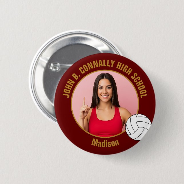 Badge Rond 5 Cm Maroon Gold Volleyball Player Photo High School (Devant & derrière)