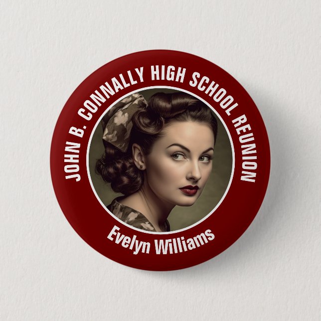 Badge Rond 5 Cm Maroon High School Reunion Yearbook Photo (Devant)