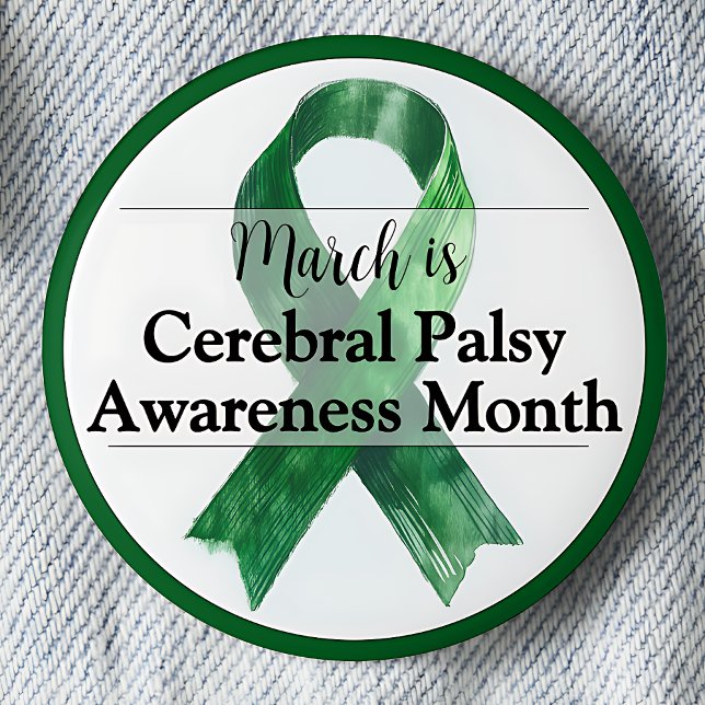 Badge Rond 5 Cm Mars Mois de sensibilisation à la paralysie cérébr (March is Cerebral Palsy Awareness Month.  Green Awareness ribbon.)