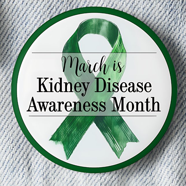 Badge Rond 5 Cm Mars Mois de sensibilisation aux maladies du rein (March is Kidney Disease Awareness month pinback button.  Green awareness ribbon.)