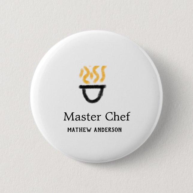 Badge Rond 5 Cm Master chef add name black pan yellow fire fume co (Devant)
