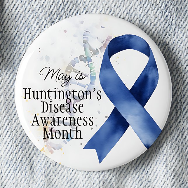 Badge Rond 5 Cm May Huntington's Disease Awareness Moth - ADN (May is Huntington's Disease Awareness month, awareness blue ribbon, DNA strand, pinback button.)