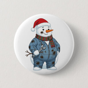 Badge Rond 5 Cm Mécanicien Bonhomme de Neige Noël 2026 Fête Bleu C