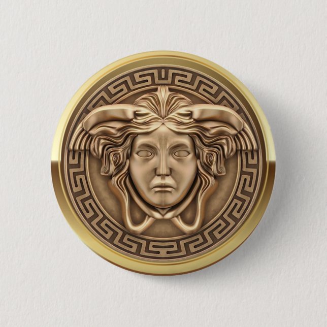 Badge Rond 5 Cm Méduse dorée Gorgone à clé grecque (Devant)