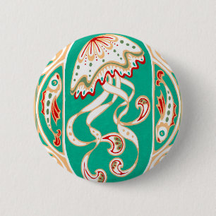 Badge Rond 5 Cm Méduses de Nouveau d'art or de turquoise de bouto