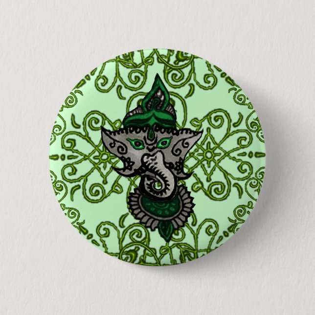 Badge Rond 5 Cm Mehndi Ganesha (Vert) (Devant)