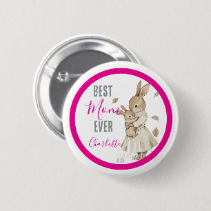 Badge Rond 5 Cm Meilleure Maman Ever, Maman et bébé lapin rose Nom