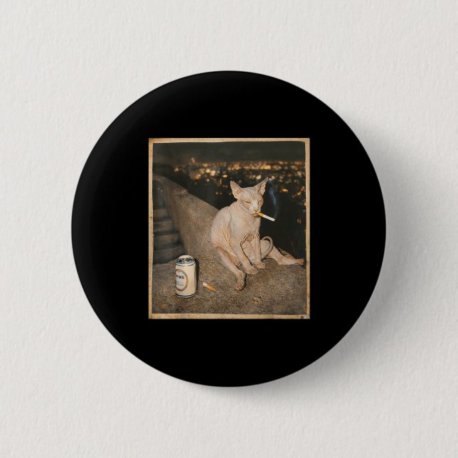 Badge Rond 5 Cm Mème drôle de chat Sphynx qui fume drôle (Devant)