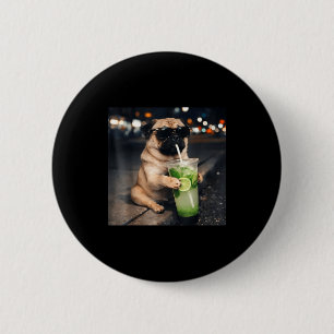 Badge Rond 5 Cm Mème drôle de pug buvant mojito lime menthe
