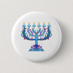 Badge Rond 5 Cm menorah à fleurs hanoukka