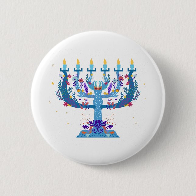 Badge Rond 5 Cm menorah à fleurs hanoukka (Devant)