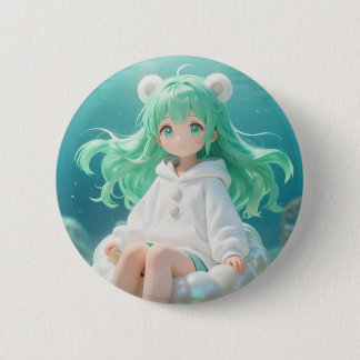 Badge Rond 5 Cm Menthe Aquatique : Fille Kawaii en Sweat à Capuche
