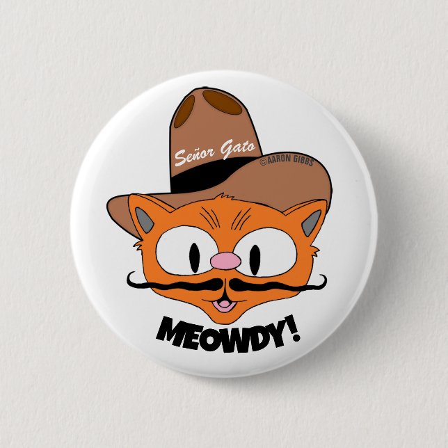 Badge Rond 5 Cm MEOWDY ! Bouton Dessin Mustache Cowboy (Devant)