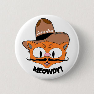 Badge Rond 5 Cm MEOWDY ! Bouton Dessin Mustache Cowboy