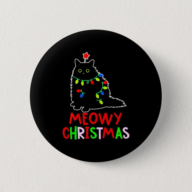 Badge Rond 5 Cm Meowy Christmas Xmas Lights Black Cat Pajamas  (Devant)