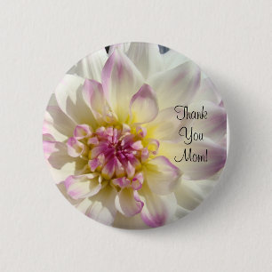 Badge Rond 5 Cm Merci Maman ! bouton Fleurs de Dahlia blanches Ros