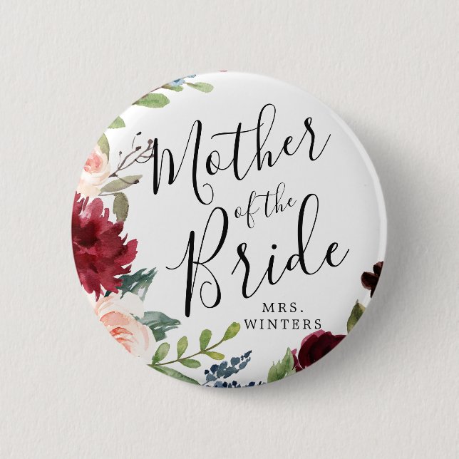 Badge Rond 5 Cm Mère de la mariée | Burgundy Bouquet Mariage (Devant)