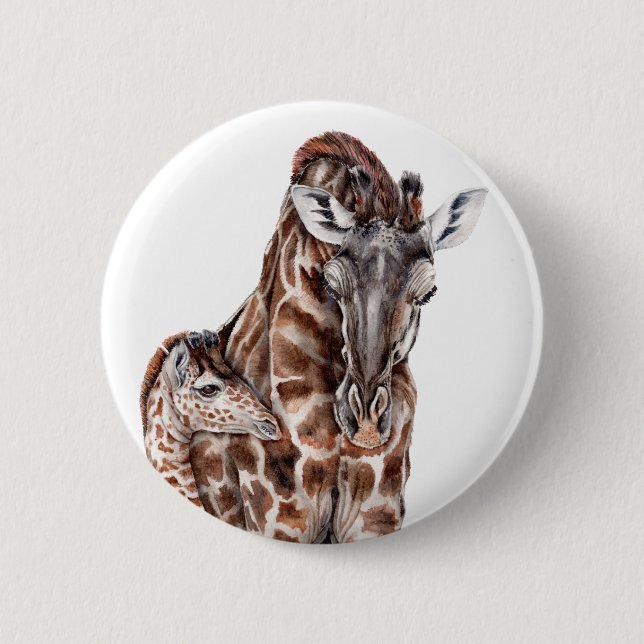 Badge Rond 5 Cm Mère Giraffe avec Bébé Giraffe (Devant)