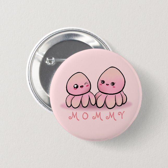 Badge Rond 5 Cm mère pieuvre rose mignonne  (Devant & derrière)