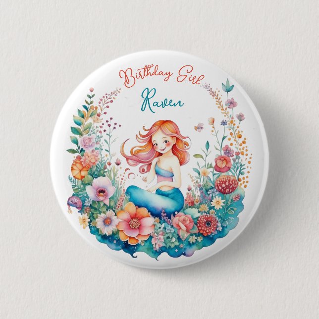 Badge Rond 5 Cm Mermaid Fille à thème Anniversaire (Devant)