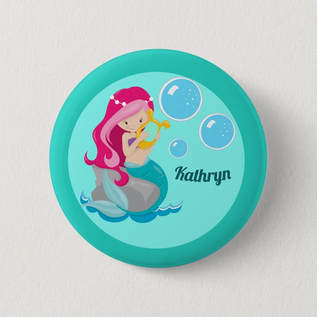 Badge Rond 5 Cm Mermaid Girl mignonne Personnalisé Monogramme Enfa (Devant)