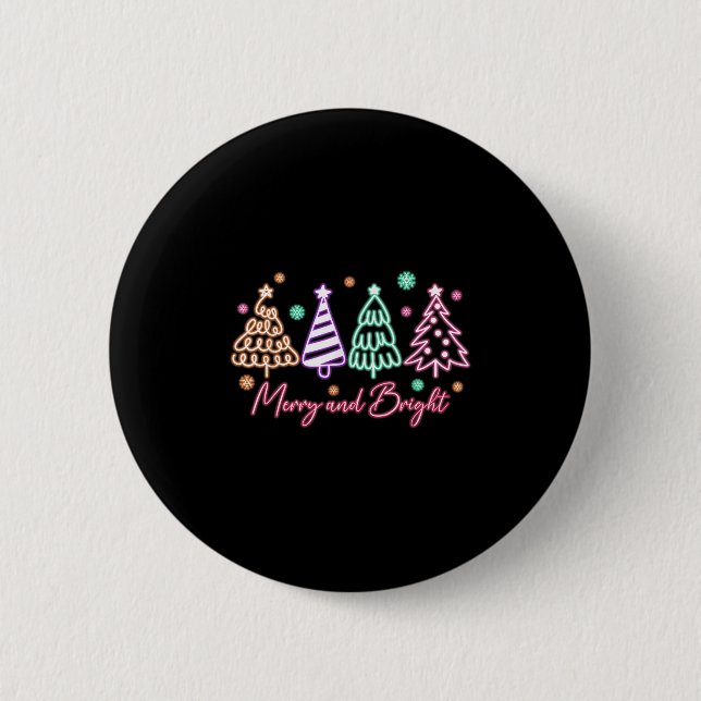 Badge Rond 5 Cm Merry And Bright Tree Neon Christmas  (Devant)