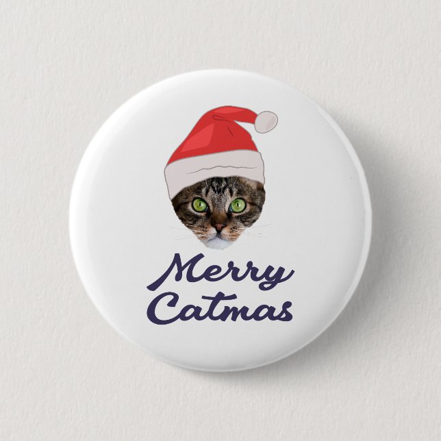 Badge Rond 5 Cm Merry Catmas, Noël Chat Santa hat Invitation (Devant)