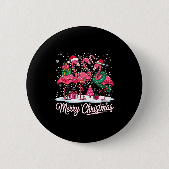 Badge Rond 5 Cm Merry Christmas Flamingo Lights Santa Hat Snow Xma (Devant)