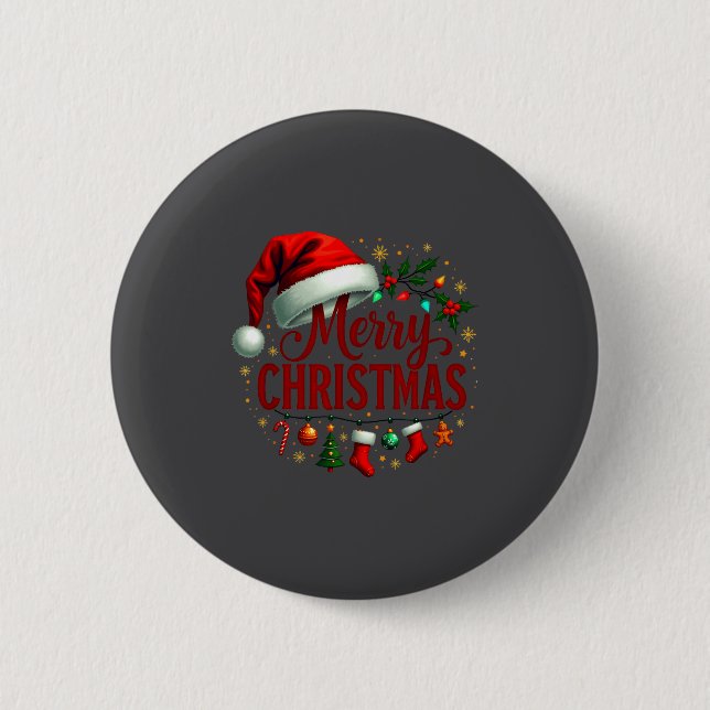 Badge Rond 5 Cm Merry Christmas Lights Red Santa Hat Family Men Wo (Devant)