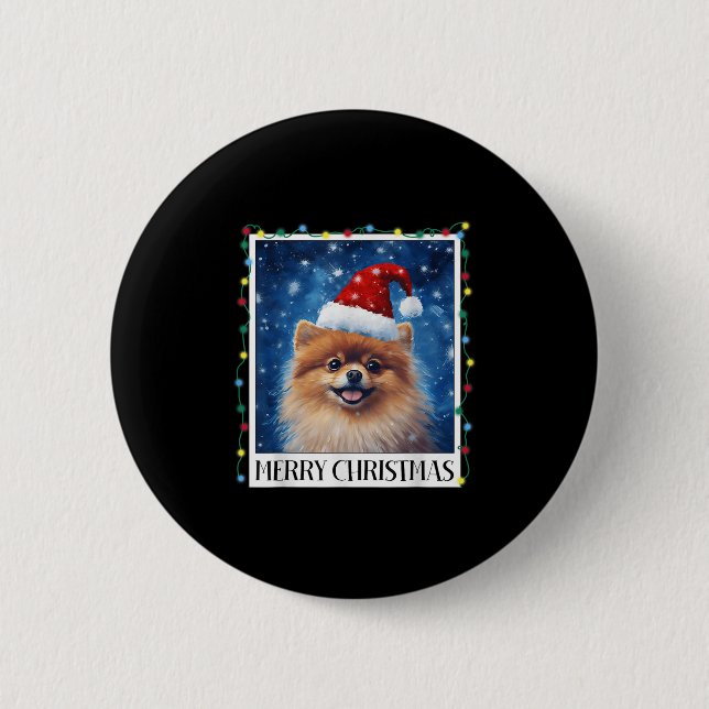 Badge Rond 5 Cm Merry Christmas Meranian Santa Hat Xmas Dog Lights (Devant)