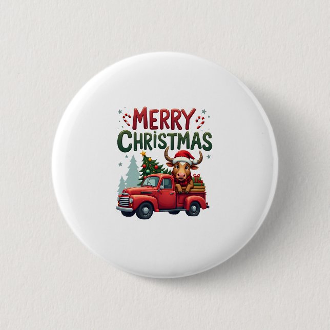 Badge Rond 5 Cm Merry Christmas Scottish Highland Cow Xmas Farm An (Devant)