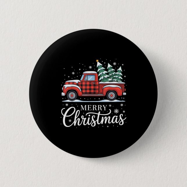 Badge Rond 5 Cm Merry Christmas Truck Xmas Red Plaid Family Christ (Devant)